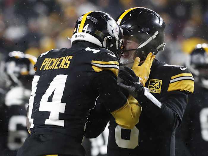 Steelers quarterback Kenny Pickett and receiver George Pickens celebrate their win over the Raiders in Week 16.